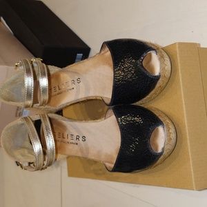 Hand made wedge Espadrilles gold navy black metallic sz 36